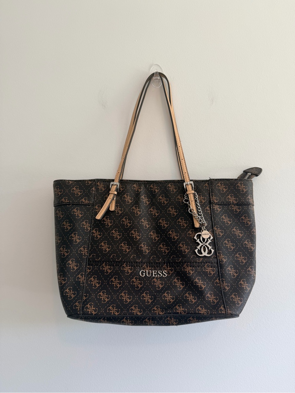 Y2K GUESS Brown Monogram Tote Bag with Tan Handles